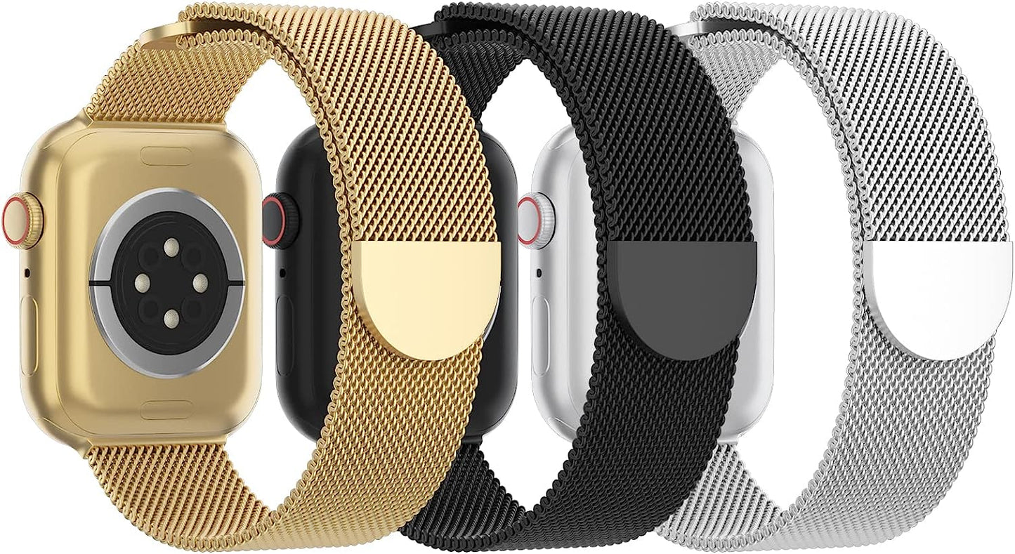 STEEZRD 3 Pack Mesh Metal Bands Compatible with Apple Watch Band 38Mm 40Mm 41Mm 42Mm 44Mm 45Mm 49Mm, Stainless Steel Magnetic Loop Strap Wristband for Iwatch Ultra Series 8/SE/7/6/5/4/3/2/1 Men Women STEEZRD C-Gold/Black/Silver 38/40/41mm