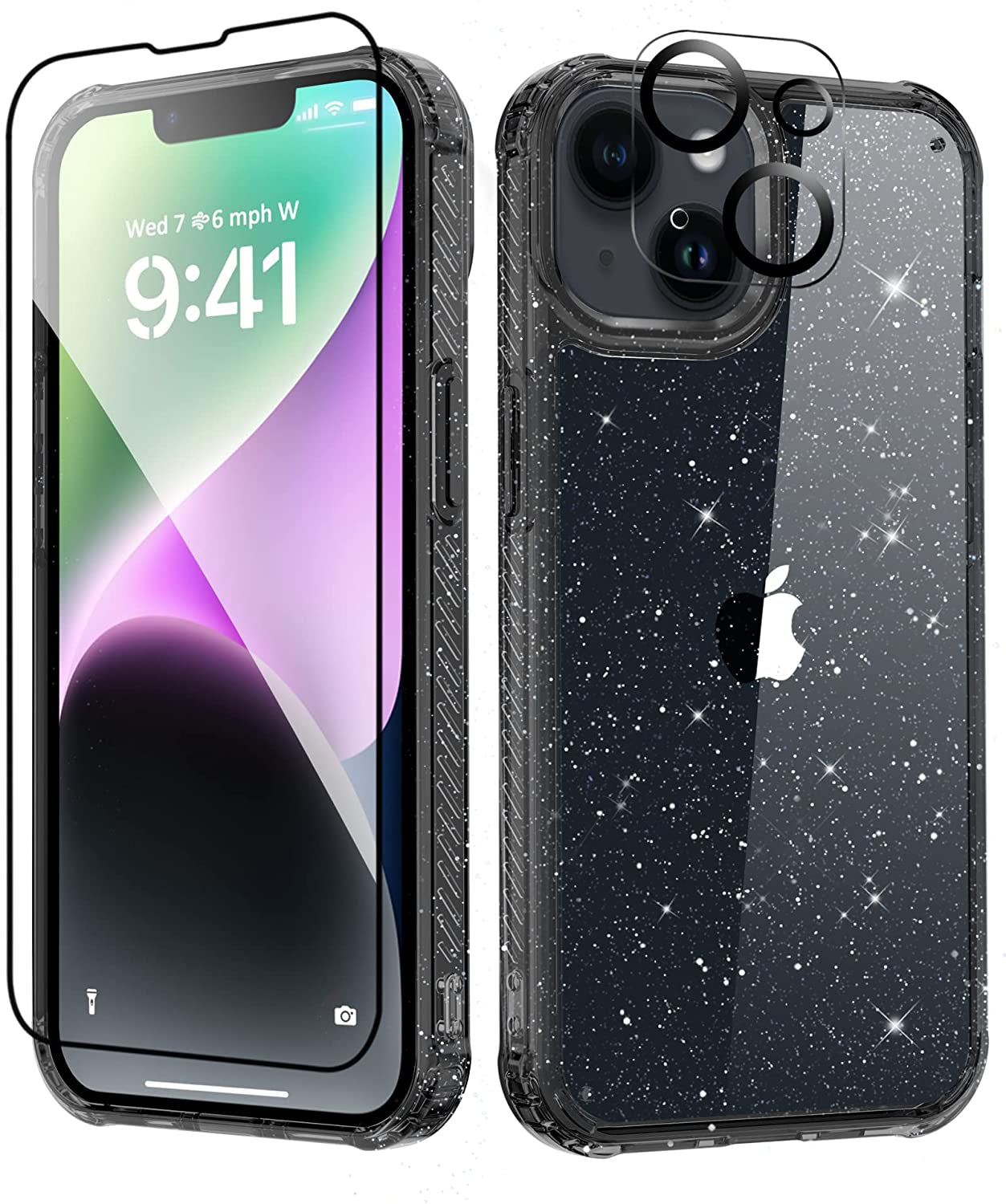 MIODIK Compatible with Iphone 14 Case with Screen Protector + Camera Lens Protector, Non Yellowing Clear Glitter Protective Phone Case, Women Girls Cover for Iphone 14 6.1 Inch 2022 - Sparkle Blue MIODIK Black