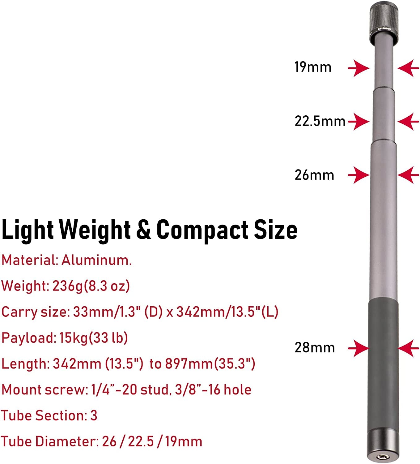 Gimbal Extension Pole,Lightweight and Strong 3 Section Camera Extension Pole Universal Compatible with Digtital Camera Iphone Smartphone Gimbal Stabilizer Camera Pole Zelnoox