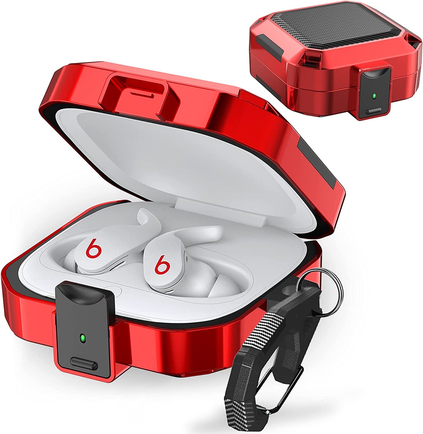 Secure Lock Case for Beats Fit Pro 2021, Carbon Fiber Texture Beats Fit Pro Earbuds Case Cover with Anti-Lost Keychain/Storage Box/Cleaning Brush/Wrist Strap. (White) Mooyavia Red