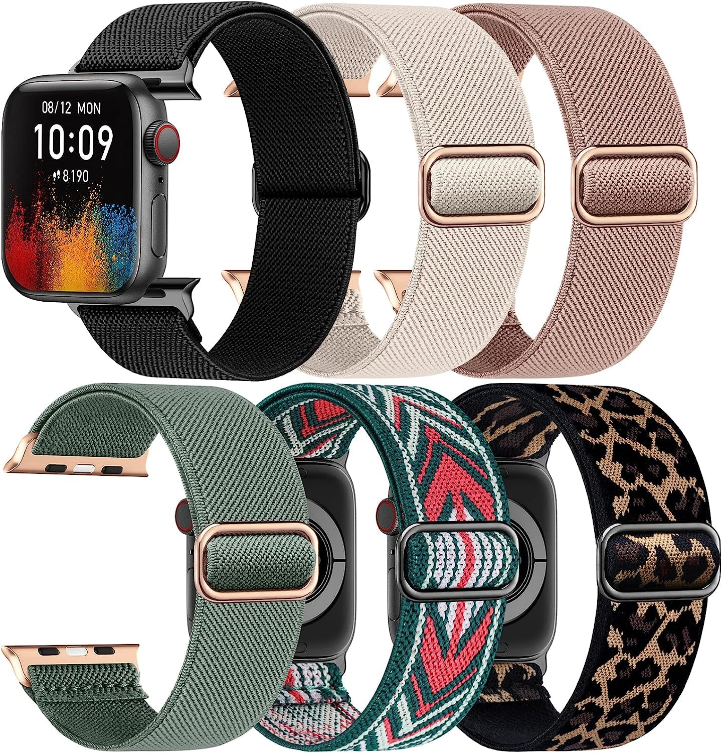 Ifuntec 6 Pack Stretchy Nylon Bands-Metal Connector-Compatible with Apple Watch Band 38Mm 40Mm 41Mm 42Mm 44Mm 45Mm 49Mm Women Men, Elastic Braided Strap for Iwatch Series Ultra 8/7/6/SE/5/4/3/2/1 iFuntec Black/Starlight/Pink Sand/Pine Green/Green Pink Arrow/Classic Leopard 42/44/45/49mm