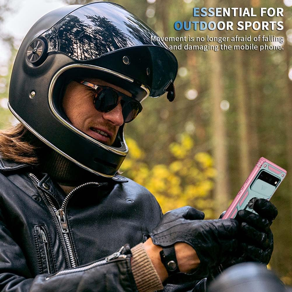 Google Pixel 6 Pro Case with Slide Camera Cover&Card Slot& Ring Kickstand Shockproof Military Grade Heavy Duty Protective Case Support Car Magnetic Holder for Google Pixel 6 Pro(2021)-Green/Pink MOKYYDS