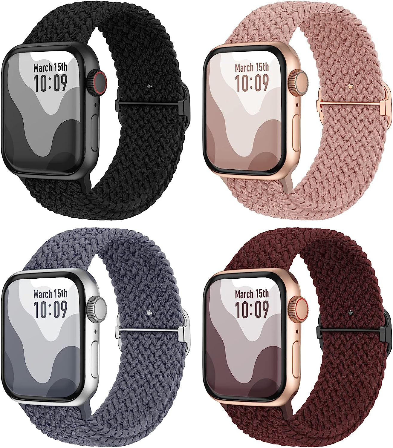 Braided Solo Loop 4 Pack Compatible with Apple Watch Band 38Mm 40Mm 41Mm 42Mm 44Mm 45Mm 49Mm Women Men, Adjustable Stretchy Strap Wristbands for Iwatch Band Ultra SE 8 7 6 5 4 3 2 1 Suitisbest Black/Wine/Blue Grey/Nude Pink 38/40/41mm