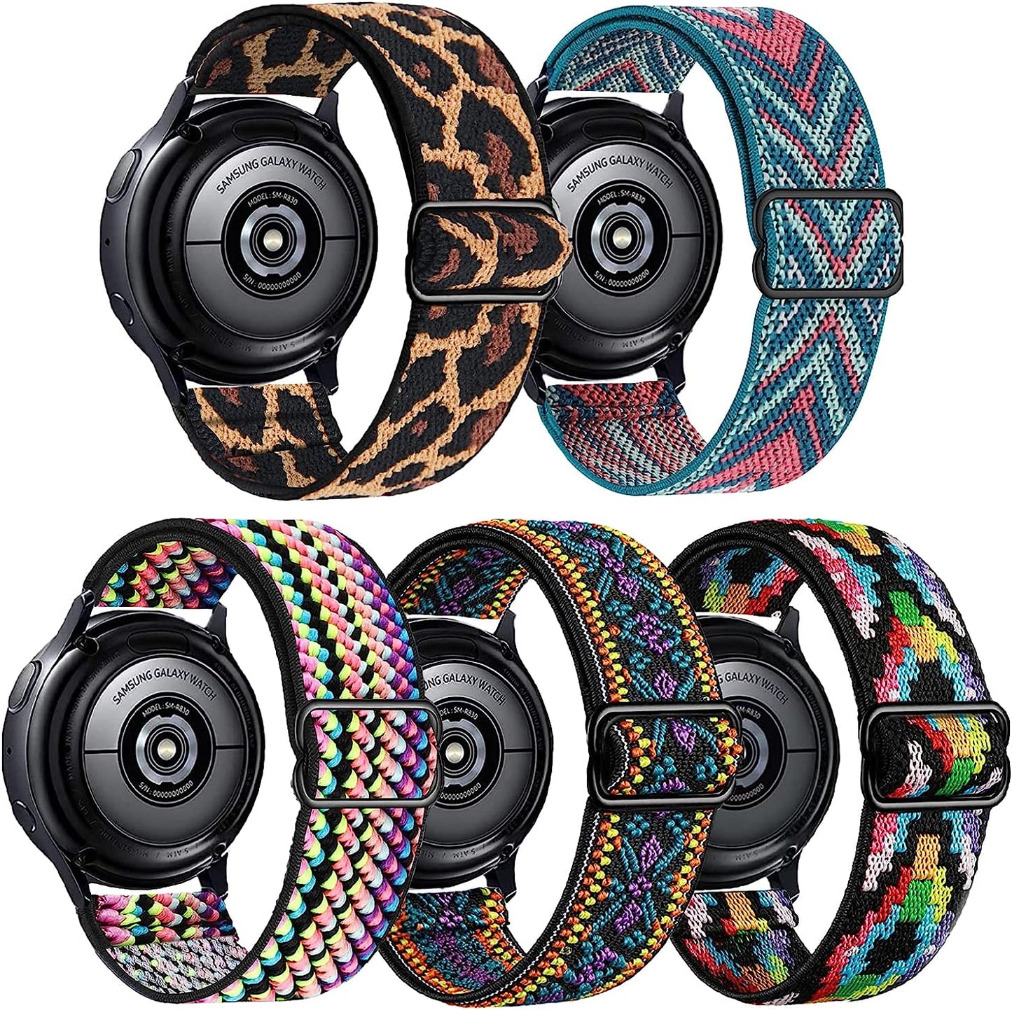 XRHWW 5 Pack 20Mm Stretchy Nylon Loop Watch Bands Compatible with Samsung Galaxy Watch Active 2 44Mm 40Mm/Active 40Mm/Galaxy Watch 3 41Mm/Galaxy Watch 42Mm/Galaxy Watch 4 44Mm 40Mm/Galaxy Watch 5 44Mm 40Mm/Pro 45Mm XRHWW Green Arrow/Leopard/Boho Purple/Rainbow Diamond/Rainbow Strip