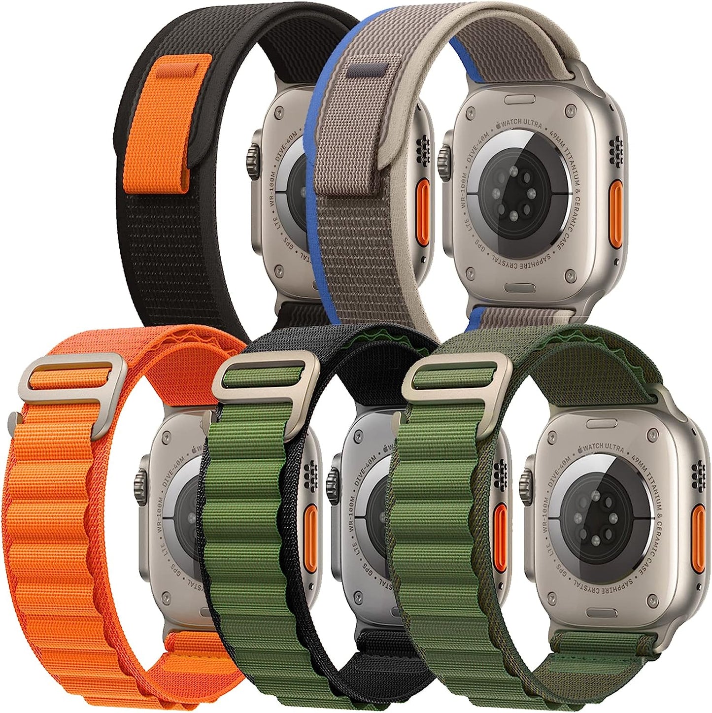 5 Pack Alpine Loop Bands Compatible with Apple Watch Ultra Band 49Mm 45Mm 44Mm 42Mm Women Men, Rugged Woven Nylon Sport Band with G-Hook for Apple Watch Ultra Iwatch Series 8 7 SE 6 5 4 3 2 1 Aupcdbe Alpine Orange+Alpine Black Green+Alpine Green+Trail Black+Trail Blue 49mm/45mm/44mm/42mm