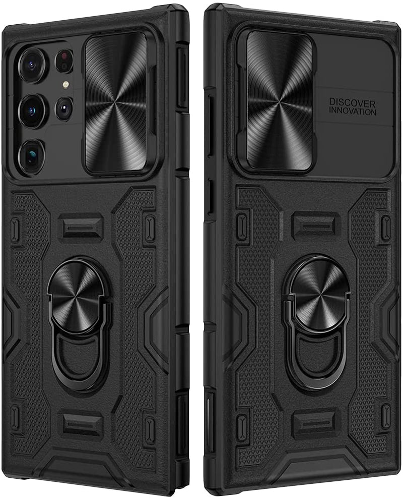 VEGO Compatible for Galaxy S22 Ultra Stand Case with Slide Camera Cover, Built-In 360° Rotate Magnetic Ring Stand Heavy Duty Protective Cover Case for Samsung Galaxy S22 Ultra 5G 6.8 Inch 2022 - Blue VEGO Black