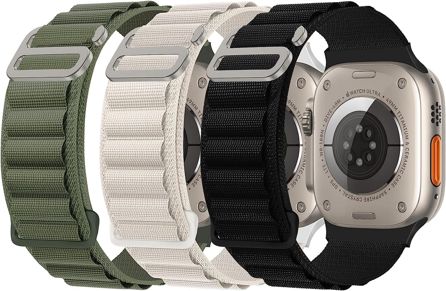 DYKEISS 3 Pack Alpine Loop Nylon Bands Compatible with Apple Watch Band 49Mm 45Mm 44Mm 42Mm 41Mm 40Mm 38Mm, Sport Titanium G-Hook Braided Strap for Iwatch Ultra Series 8/7/SE/6/5/4/3/2/1 Women Men DYKEISS Green/Starlight/Black 42mm/44mm/45mm/49mm