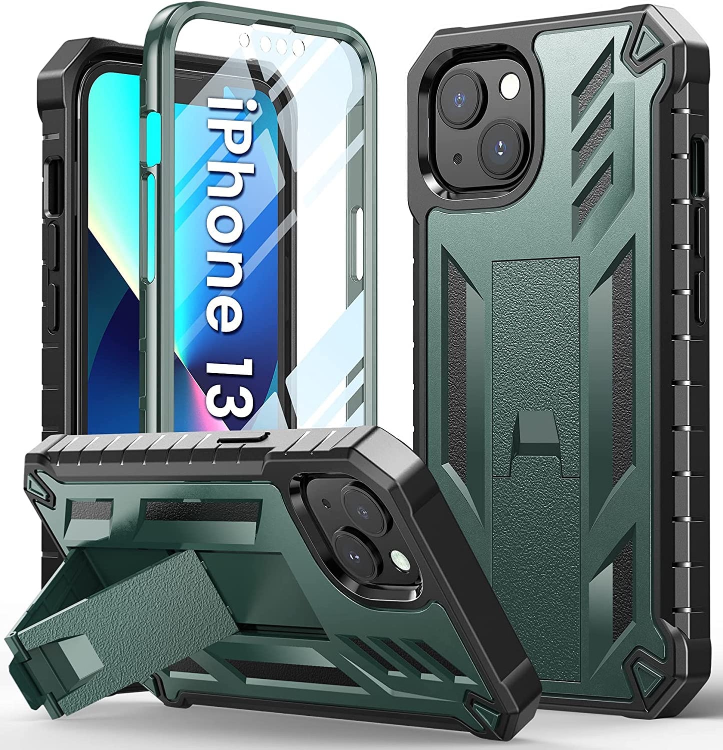 For Iphone 13-14 Case Protective Cover: Heavy Duty Military Grade Hard Protection with Belt Clip | Shock Proof Grip Durable Design Iphone 13 Cell Phone Case with Built-In Kickstand (Belt-Clip Black) DAMAI Green Aqua