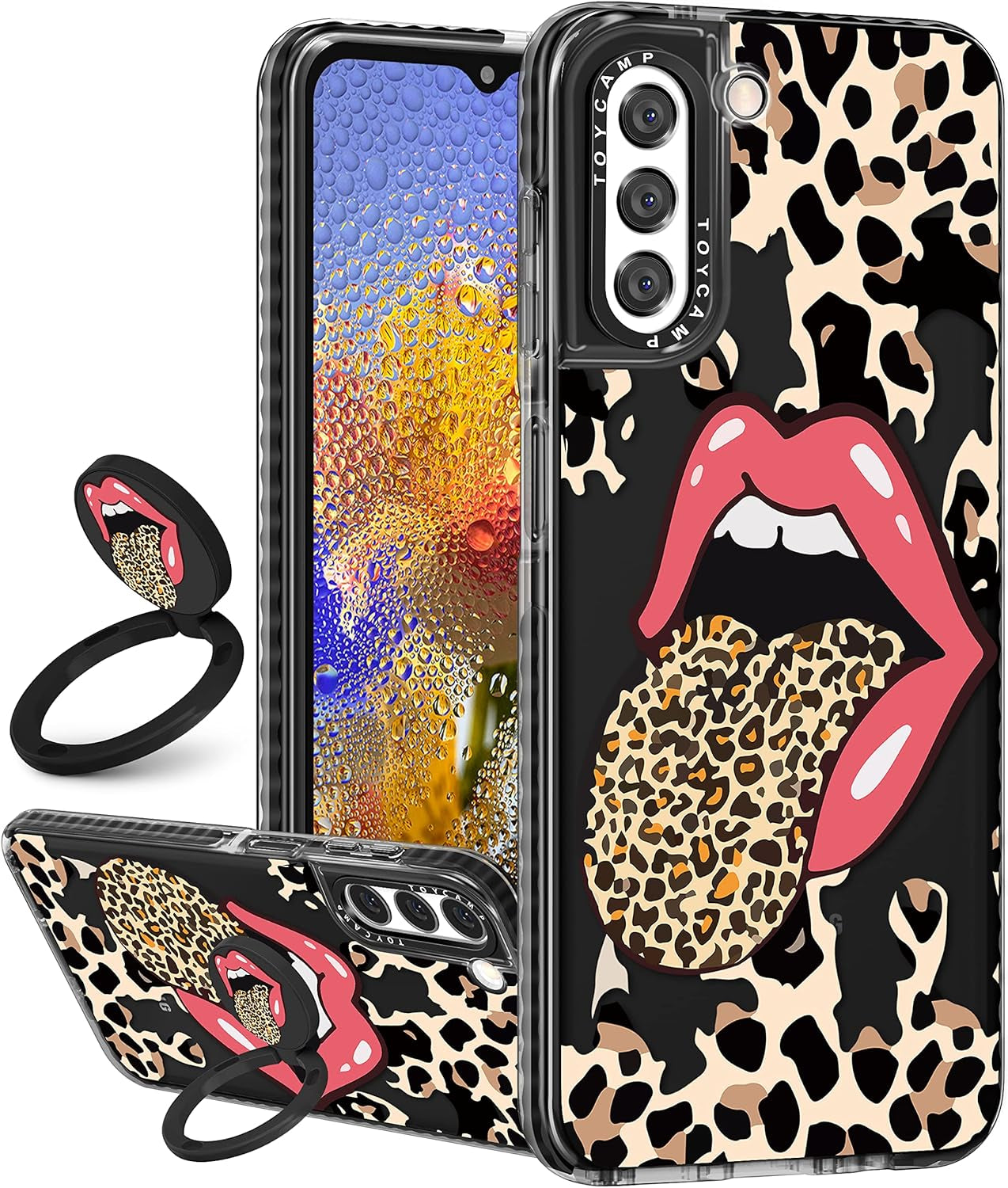 Toycamp for Samsung Galaxy S22 Case for Women, Colorful Butterfly Cute Girly Print Design for Girls Teens Case with Ring Kickstand (6.1 Inch), Black Toycamp Black Leopard Lip