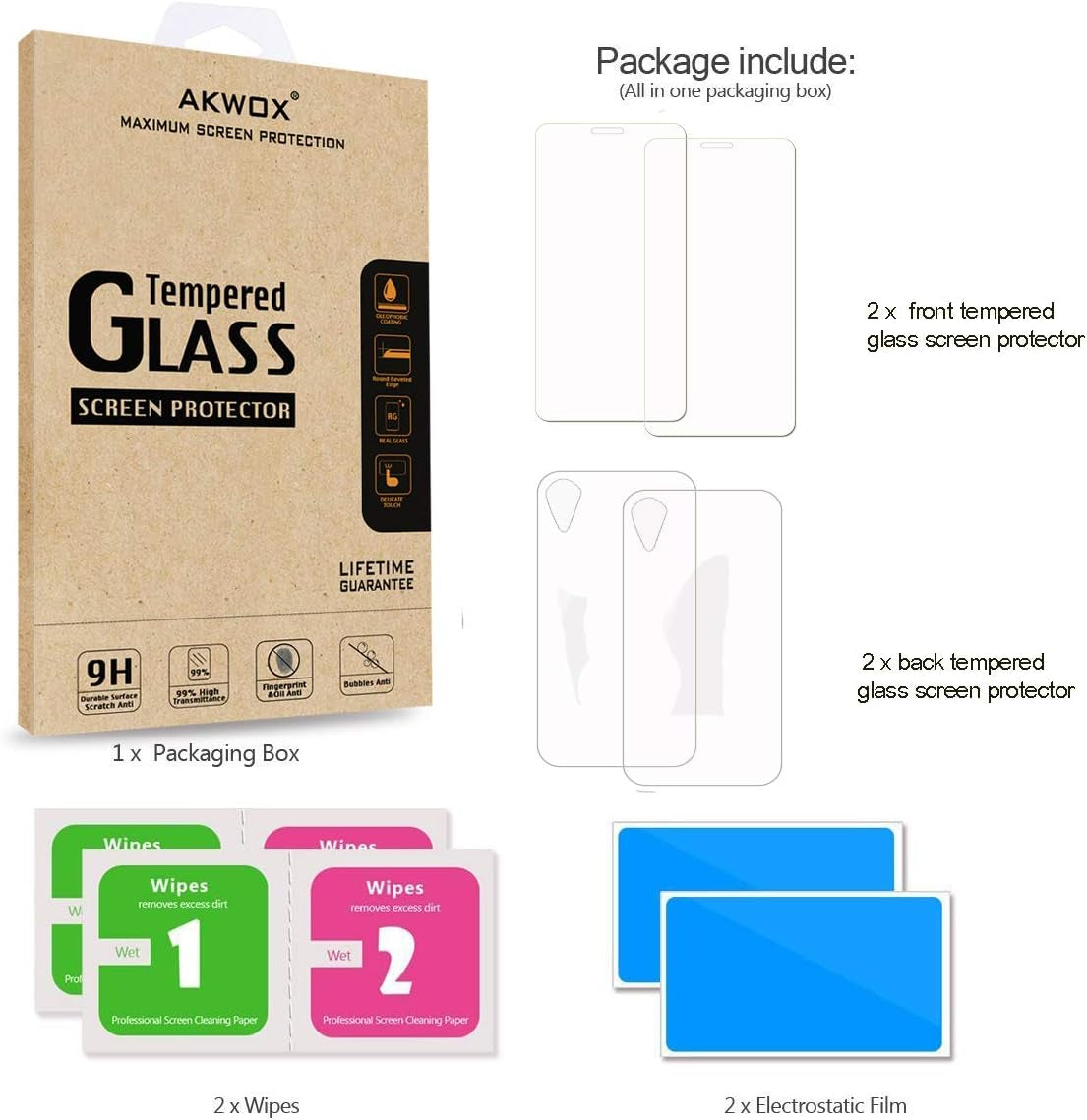 AKWOX 4-Pack Compatible with Iphone XR Screen Protector with Back Covers, 9H Tempered Glass Front Screen Protector and Back Screen Protector for Iphone XR (6.1") 2018 AKWOX