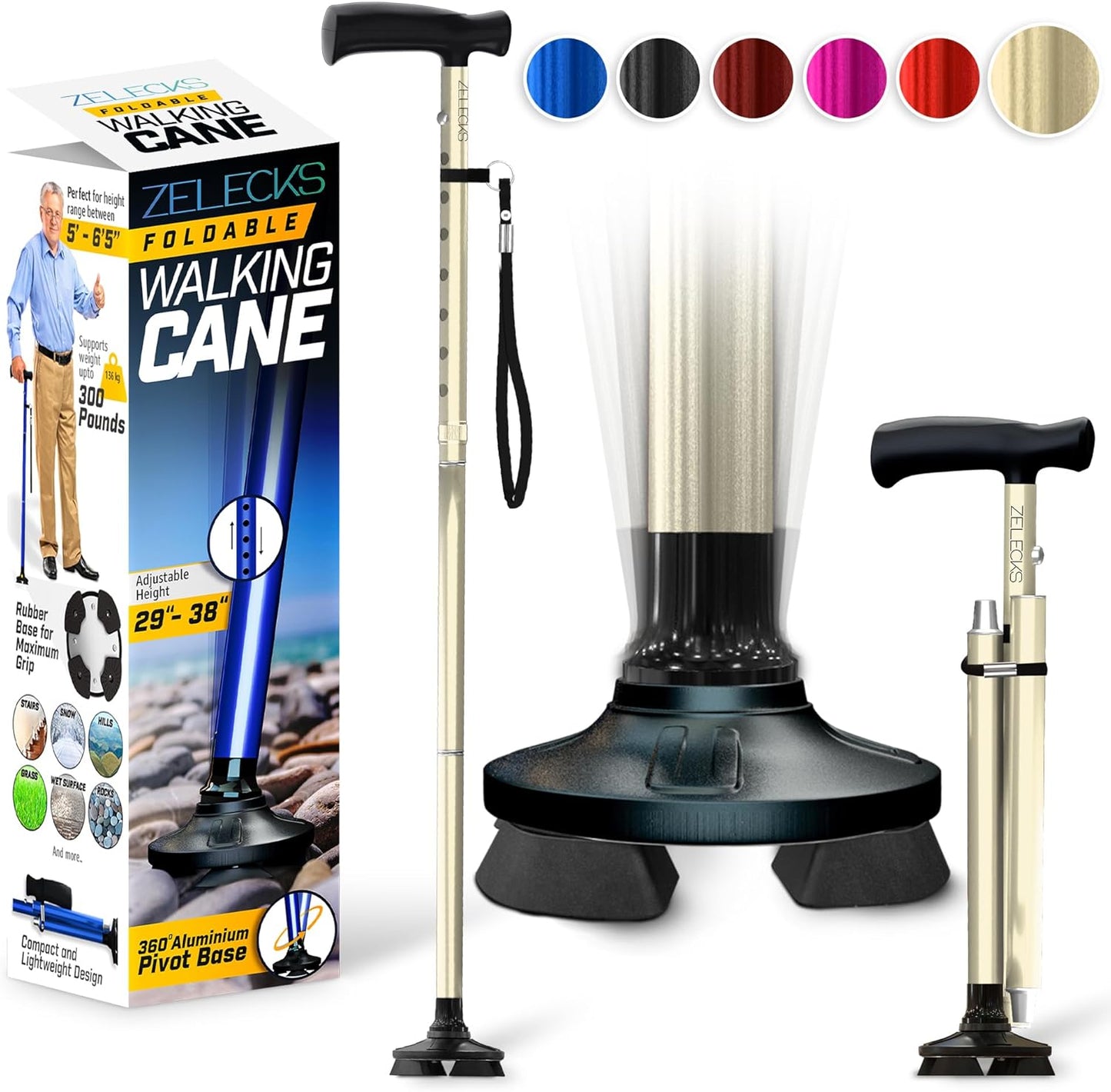 ZELECKS Walking Cane for Women & Men - Self Standing Adjustable Folding Cane with T Handle and 360 Pivot Base - Lightweight Foldable Walking Stick for Seniors - Collapsible Cane for Walking ZELECKS Silver