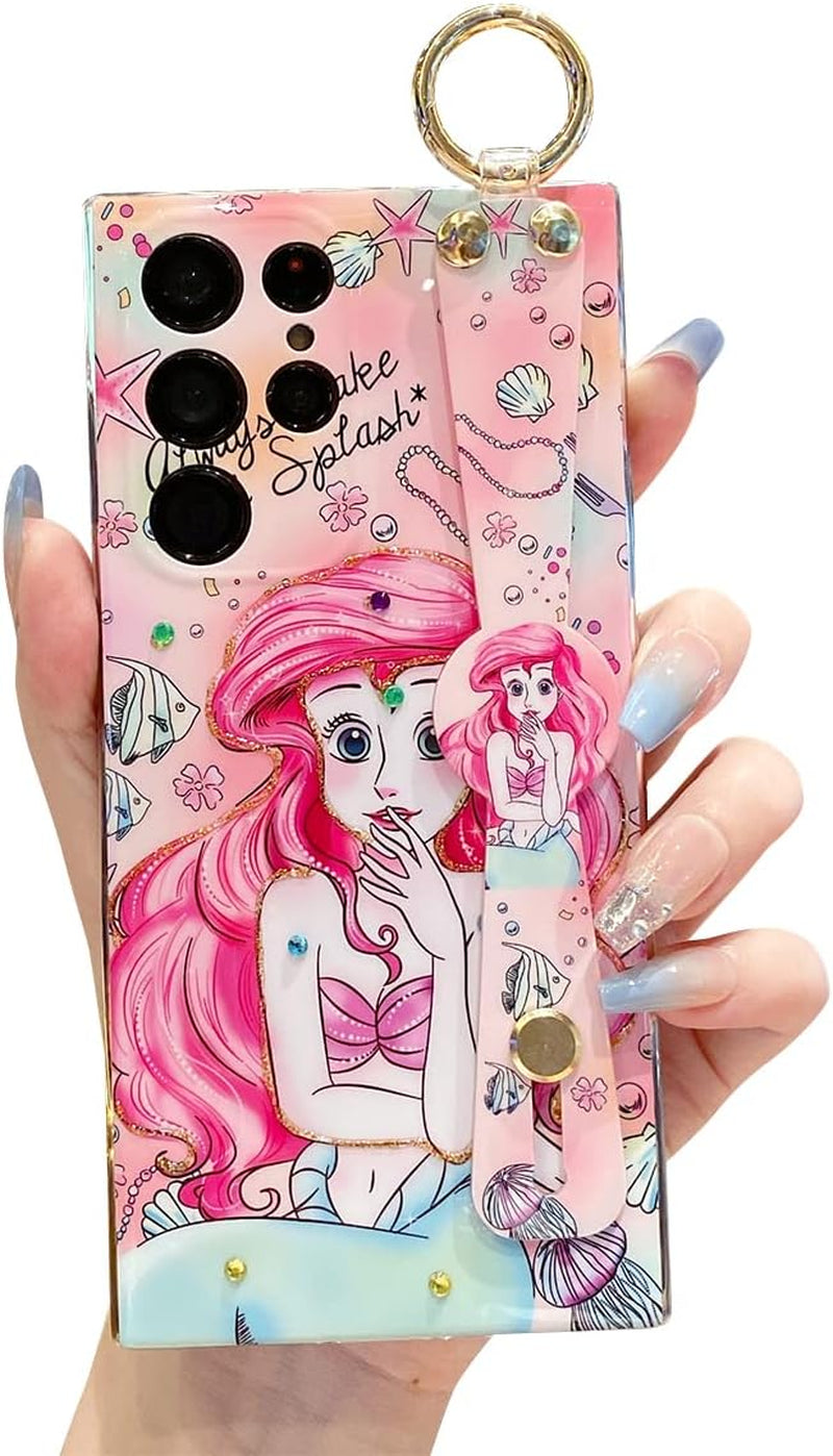 Meishangmei for Samsung Galaxy S22 Ultra Case 6.8" Sparkle Bling with Strap Stand Cute Pattern IMD Plating Design Silicone Shockproof Protective Glitter Cases Cover for Girls and Women - Minnie Meishangmei Mermaid