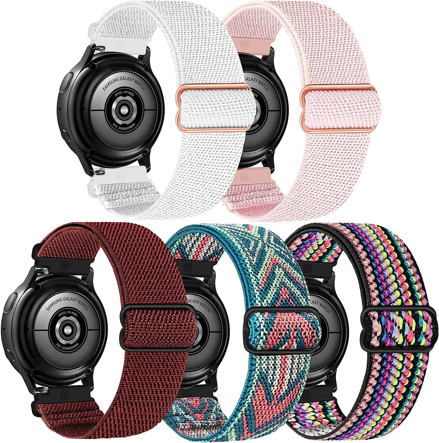 5 Pack Stretchy Nylon Watch Bands Compatible with Samsung Galaxy Watch Active 2 Bands 40Mm 44Mm/ Galaxy Watch 4 Band/Watch 4 Classic Band 42Mm 46Mm, 20Mm Watch Band for Galaxy Watch 3 Band GrTrees Grey/White/Wine R/GrArro/Multi