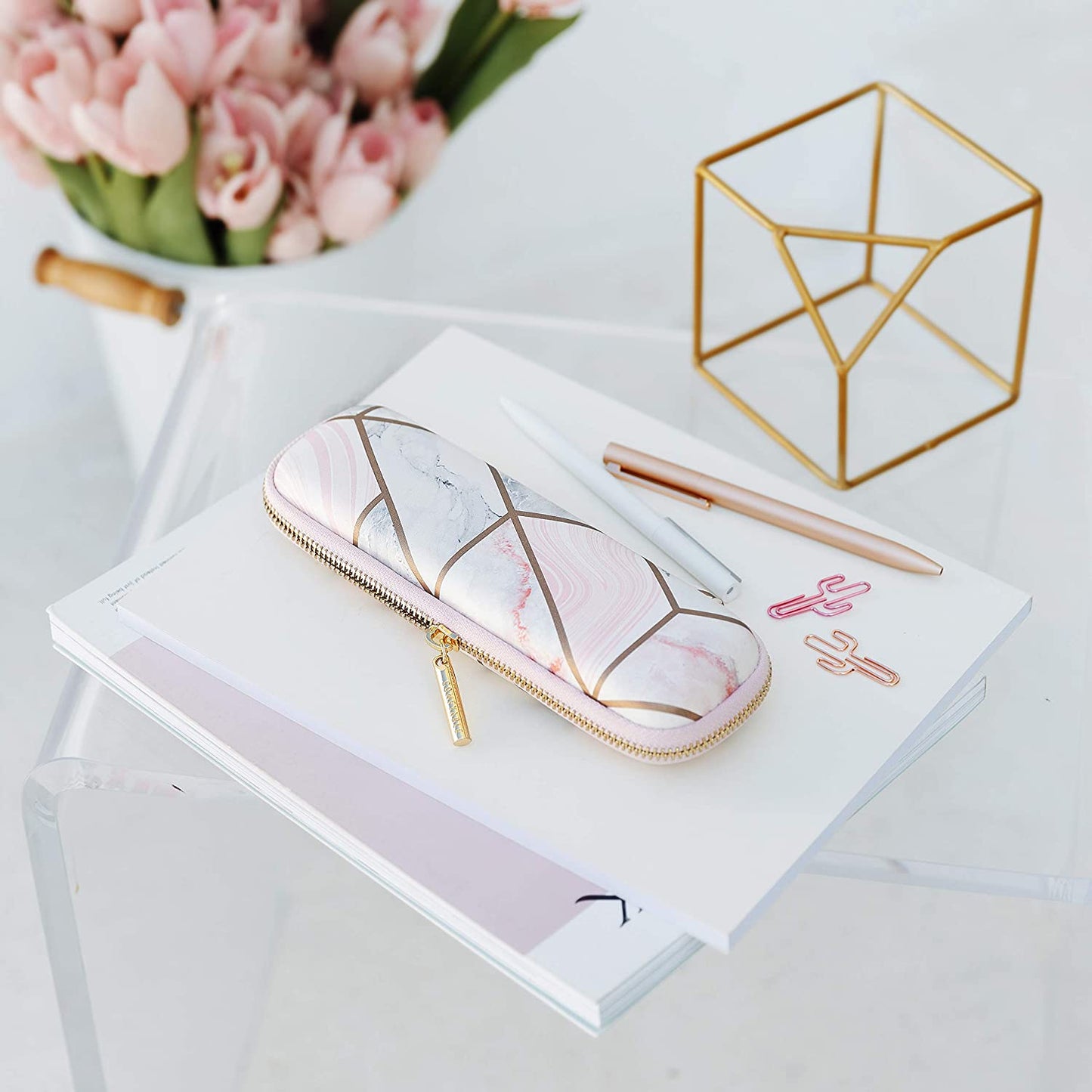 Comfyable Pencil Holder Pencil Case for Apple Pencil, Pen Accessories Elastic Strap Sleeve Protective Carrying Case for Airpods with Mesh Pockets, Geometric Marble Comfyable