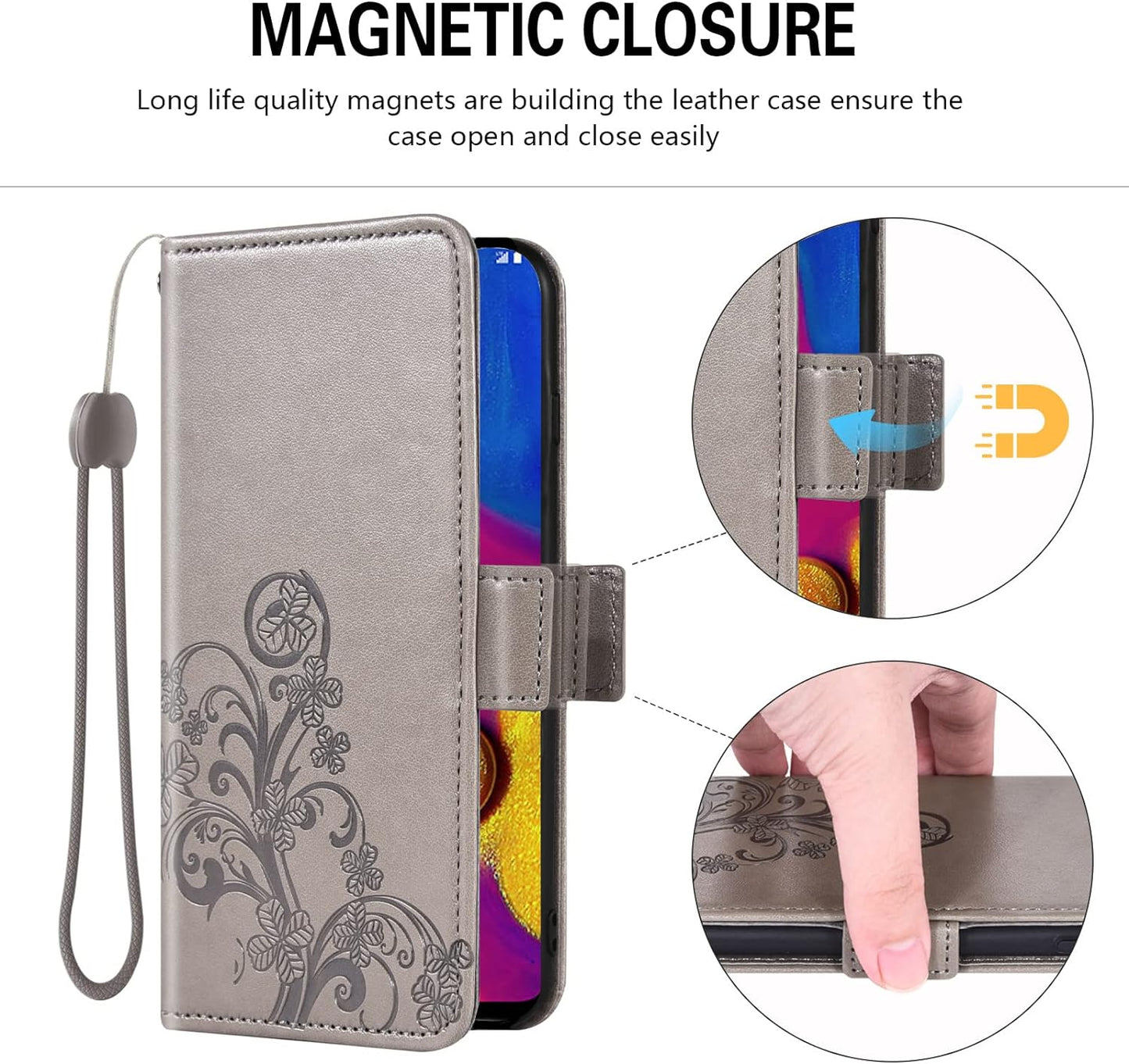 Asuwish Compatible with LG V40 Thinq Wallet Case and Tempered Glass Screen Protector Flip Wrist Strap Card Holder Cell Phone Cover for LGV40 Storm V 40 Thin Q V40Thinq LG40 40V 40Thinq Women Men Grey Asuwish