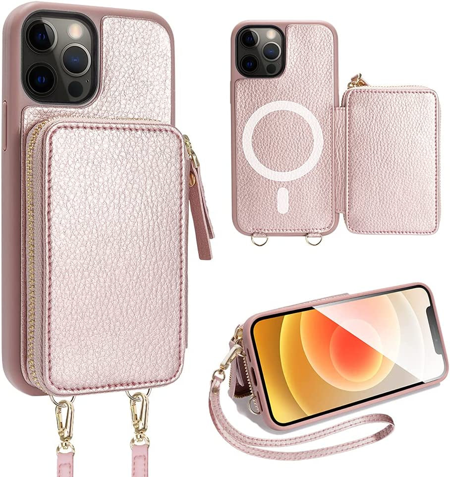 ZVE Iphone 14 Pro Crossbody Wallet Case Magsafe, Phone Case with RFID Blocking Card Holder Wrist Strap for Women, Zipper Leather Cover for Iphone 14 Pro, 6.1"-Black ZVE Rose Gold iPhone 12 & 12 Pro