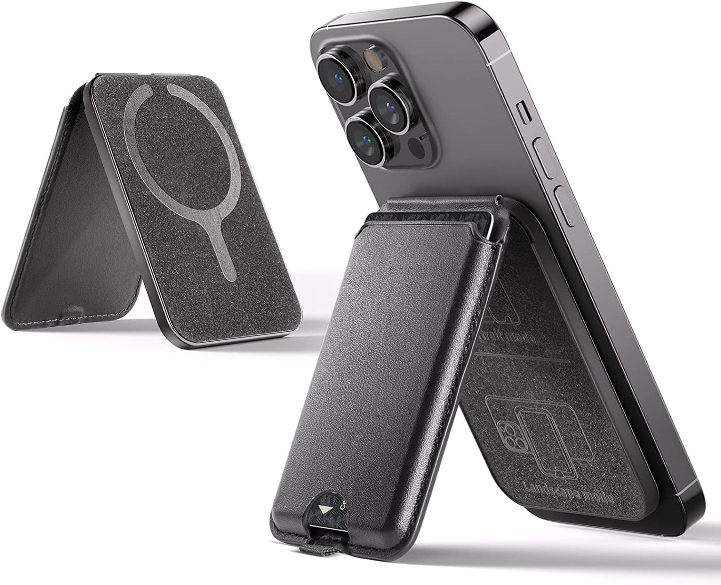 Qilmii Compatible Magsafe Wallet Stand for Apple, Skin Friendly Leather Card Slot with Adjustable Kickstand & Holder, Fit for Iphone 14/13/12 Series kingxbar Cool Black