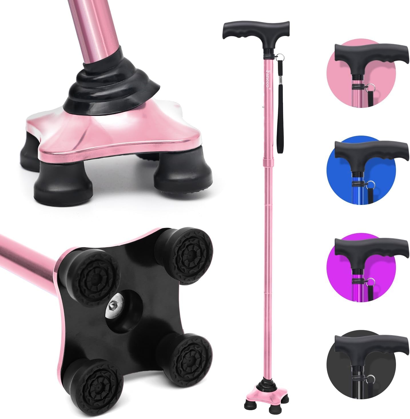 FANECO Walking Cane, Folding Walking Stick for Seniors, Pivoting Quad Base, Lightweight Adjustable Walking Stick for Men/Women NINGBOSHI GUOSHENG XINXI KEJI YOUXIANGONGSI Pink