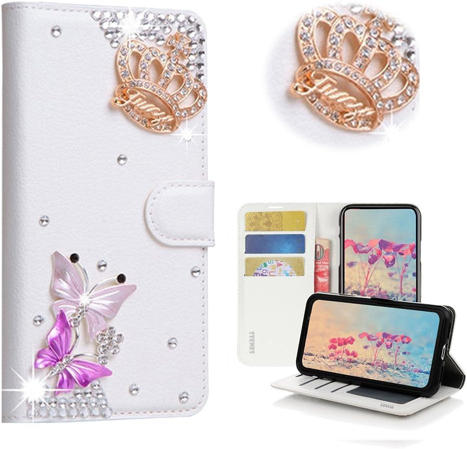 STENES LG G6 Case, LG G6 plus Case - STYLISH - 3D Handmade Bling Crystal Girls Fairy Floral Design Wallet Credit Card Slots Fold Stand Leather Cover Case for LG G6/LG G6 plus - White STENES Crown Butterfly / White