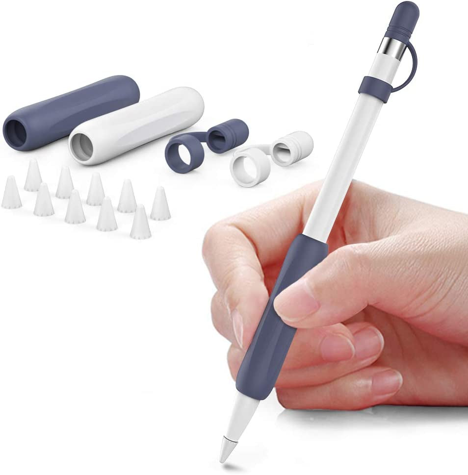 Delidigi 2 Pack Ipencil Grip Ergonomic Sleeve with Anti-Lost Replacement Cap plus Tips Cover Accessories Set Compatible with Apple Pencil 1St Generation (White, Pink) Delidigi White, Midnight Blue