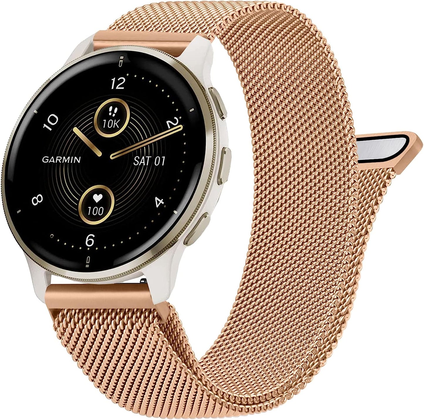 Metal Bands for Garmin Venu / Venu 2 plus / Venu Sq Watch Band Women Men, 20Mm Stainless Steel Replacement Wristband Strap for Garmin Vivomove Sport, Vivoactive 3 / 3 Music, Forerunner 645 / 245 Music Smart Watch Wanme Rose Gold