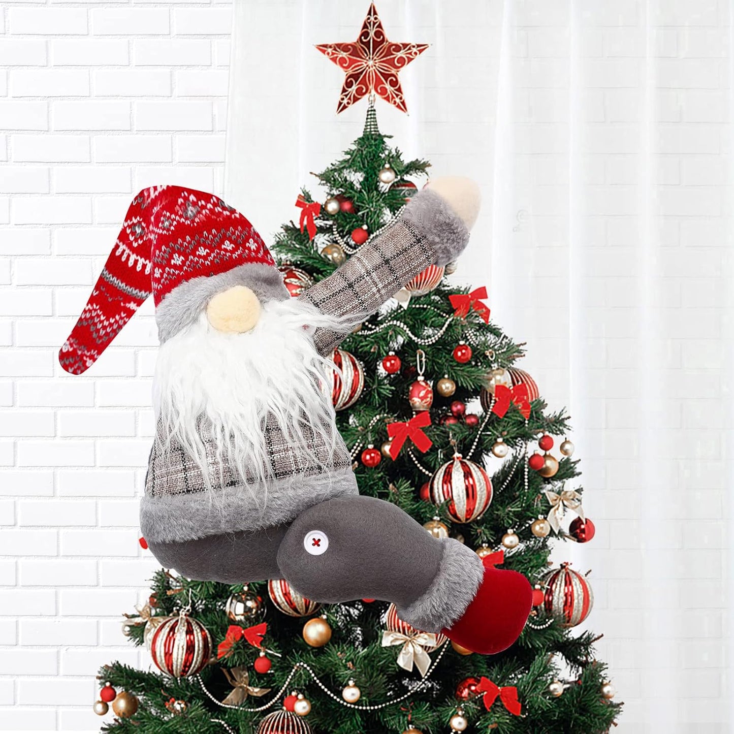 Gnome Tree Topper, Gnome Christmas Tree Topper, Gnome Christmas Decorations, Christmas Gnome Tree Topper Can Be Used as a Christmas Tree Gnome Decorations.(Grey) SENKENA Red