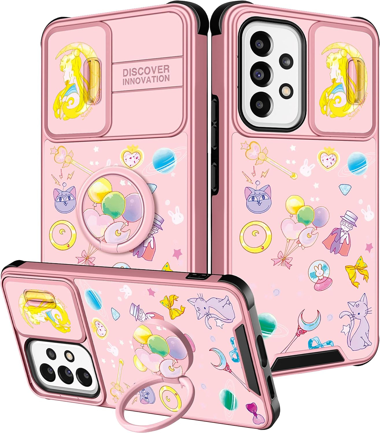 Oqpa for Samsung Galaxy A53 5G Case Cute Cartoon for Women Girly Girls Boys Kids Kawaii Funny Samsung A53 Phone Case Cover with Camera Cover+Ring Holder for Galaxy A53 5G, Happy Miki meitong2020 Moon Cat