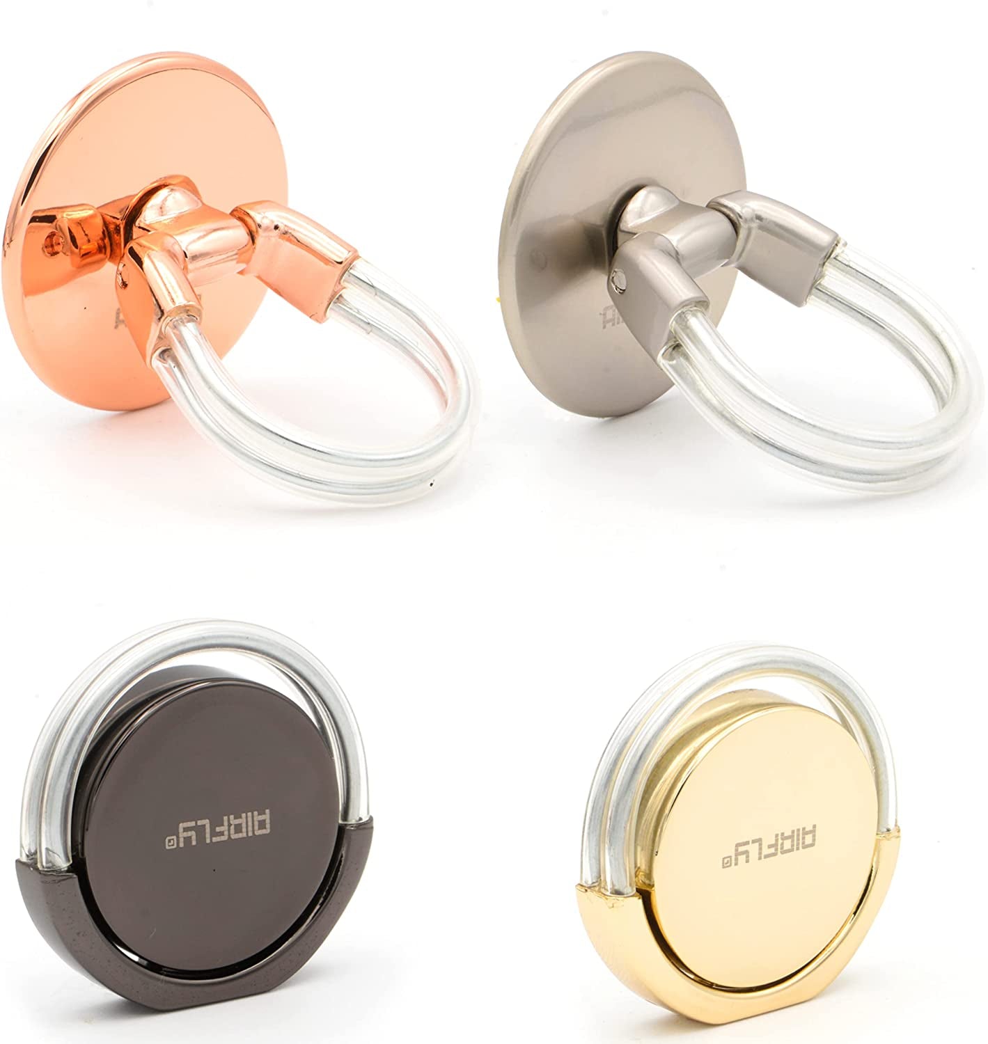 Airfly Phone Finger Ring Holder, 4 in 1, Universal Metal Phone Ring, Table Stand Kickstand, Car Vent Mount, Finger Grip Compatible All Smartphones, Black AirFly SF Rose, Silver-Matte, Black-Ring, Gold-Ring