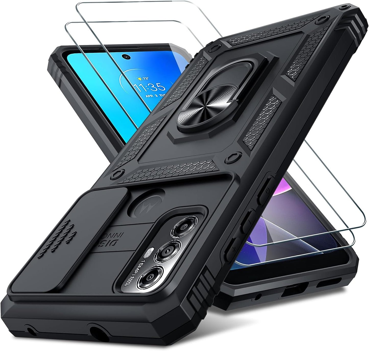 Motorola Moto G Play 2023 Case,Moto G Power 2022/Moto G Pure Case Built in Slide Camera Lens Cover+Screen Protector+Finger Ring Holder Kickstand,Heavy Duty Shockproof Full Body Phone Cover,Dark Green Janmitta Black Moto G Play(2023)/Moto G Power(2022)/Moto G Pure