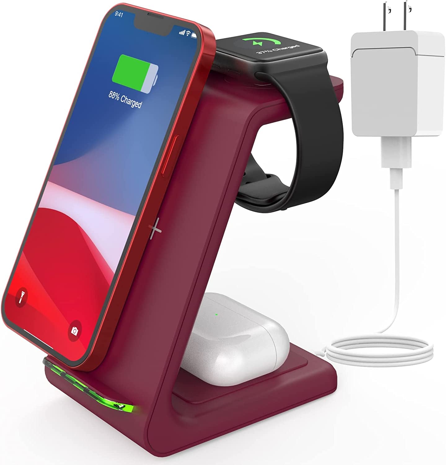 Wireless Charging Stand, GEEKERA 3 in 1 Wireless Charger Dock Station for Iphone 14 Pro Max/14 Pro/14 Plus/13/12/11/X/8 Series, Apple Watch Ultra/Se/8/7/6/5/4/3/2, Airpods Pro/3, Samsung Qi Phones GEEKERA Rose Red