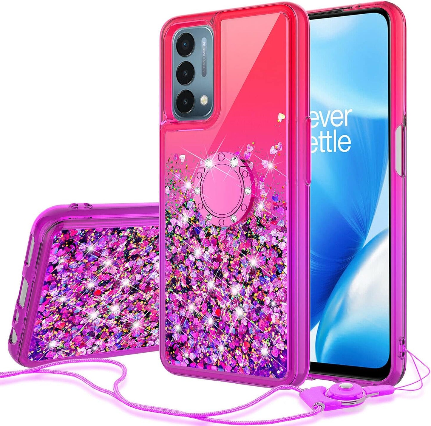 Case for Oneplus Nord N200 5G with Tempered Glass Screen Protector Sparkle Glitter Flowing Liquid Quicksand for Women Girls Cute Phone Case Cover - Aqua/Clear Galaxy Wireless Hot Pink/Purple Ring