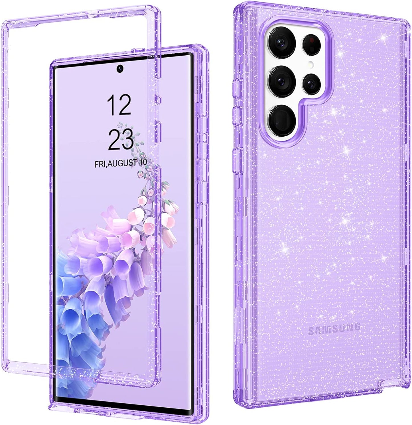 DUEDUE for Samsung Galaxy S22 Ultra 6.8" 5G Case Glitter Full Body Protective 3 in 1 Heavy Duty Hybrid Hard PC Rugged Shockproof Women Transparent Bling Sparkle Cover for Samsung S22 Ultra, Pink Clear DUEDUE 301-Purple Clear