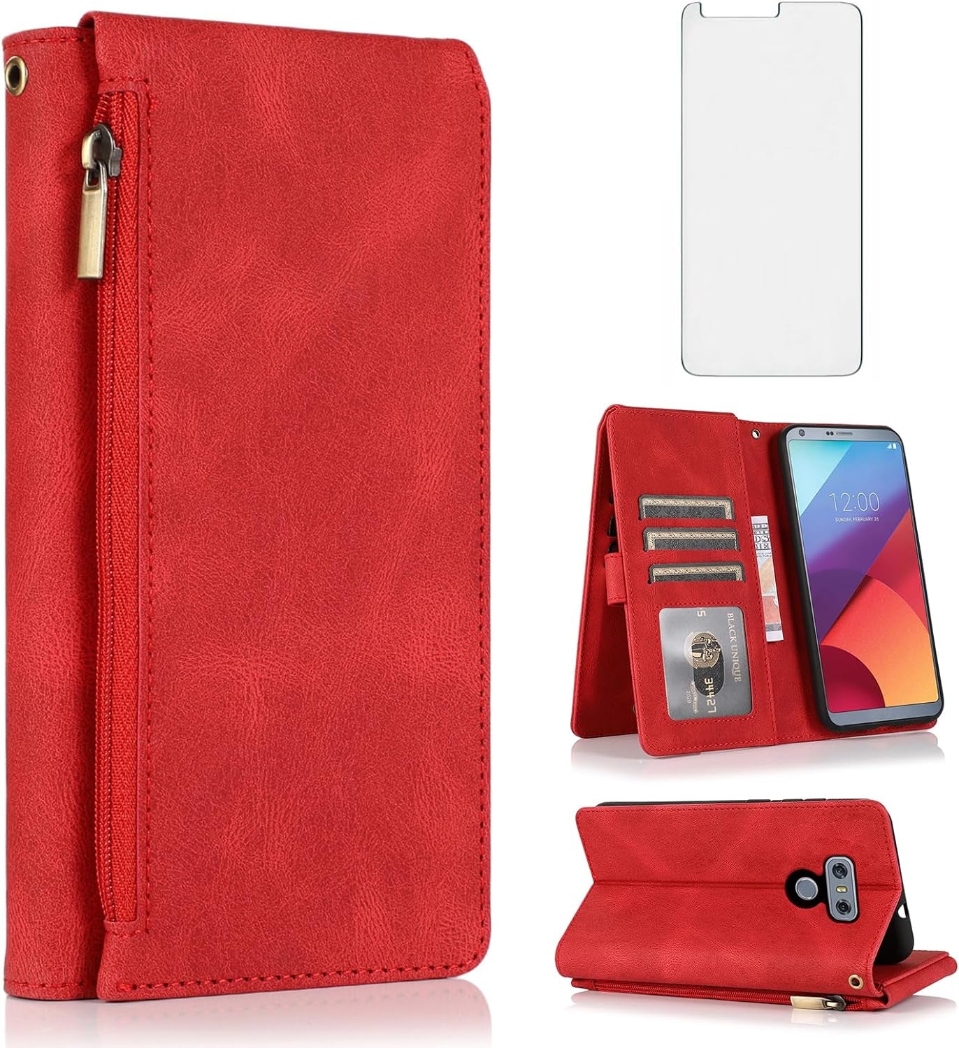 Compatible with LG G6 Wallet Case Tempered Glass Screen Protector and Zipper Leather Flip Cover Card Holder Stand Cell Accessories for LGG6 Thinq LG6 Thin Q G 6 plus G6+ 6G VS988 H872 Women Men Green Asuwish Red