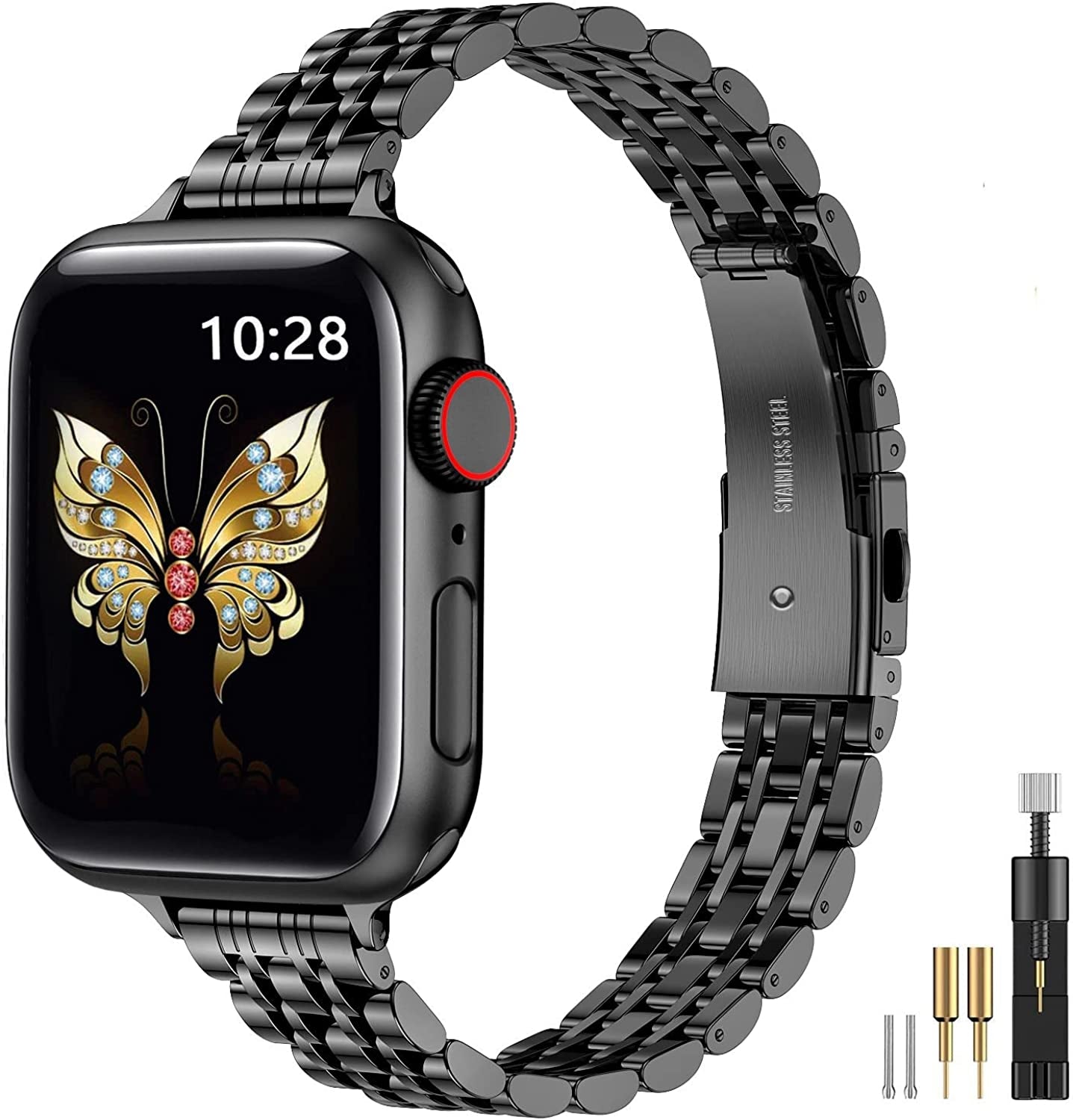 Miohhr Slim Metal Bands Compatible with Apple Watch Band Series 8/7(45Mm 41Mm),Series SE 6/5/4(40Mm 44Mm),Series 3/2 /1(38Mm 42Mm), Thin Stainless Steel Chain Strap for Women Iwatch Band MioHHR Black 41mm 40mm 38mm