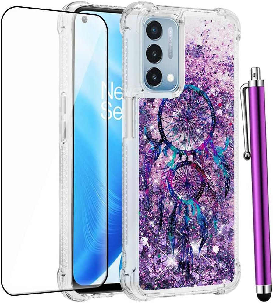 CAIYUNL for Oneplus Nord N200 5G Case with Tempered Glass Screen Protector, Glitter Bling Flowing Liquid Sparkle Women Girls Soft TPU Shockproof Protective Cute Case for Oneplus Nord N200 5G-Butterfly CAIYUNL Purple Aeolian Bells