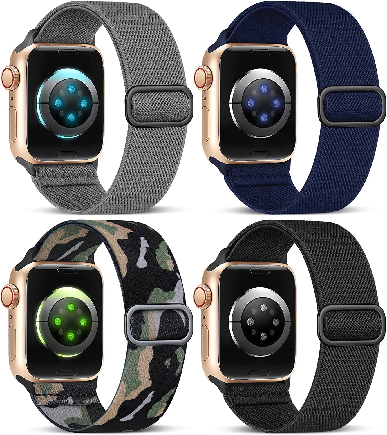 Stretchy Nylon Bands Compatible with Apple Watch Band 38Mm 40Mm 41Mm 42Mm 44Mm 45Mm 49Mm for Women Men, Elastic Solo Loop Adjustable Sport Braided Strap for Iwatch Series 8 7 SE 6 5 4 3 2 1,4 Packs Sunnywoo Camo/Blue Gray/Black/Deep Grey 38/40/41mm