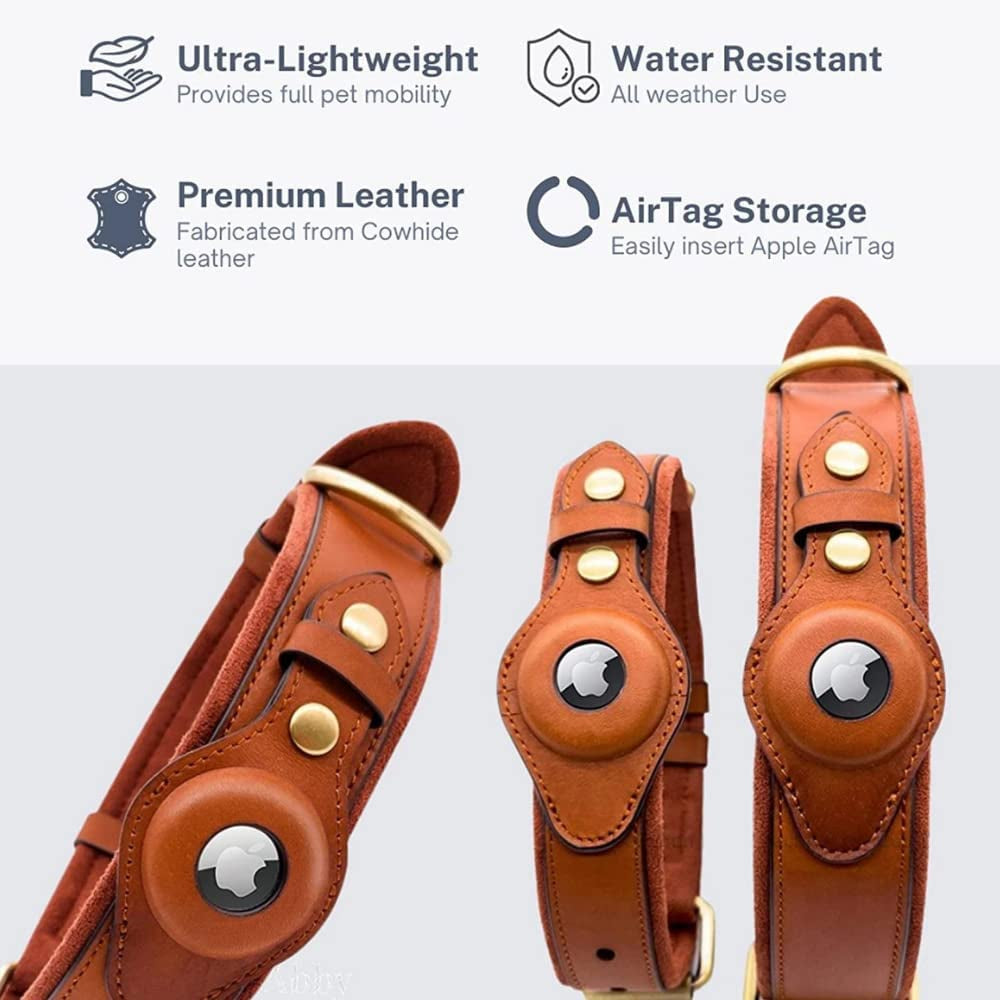 Krazytag Airtag Dog Collar with Built-In Tag Space – Luxurious Collar Premium Leather with Apple Airtag Holder for Dogs and Cats – Play-Proof Design (Medium), Brown KrazyTag