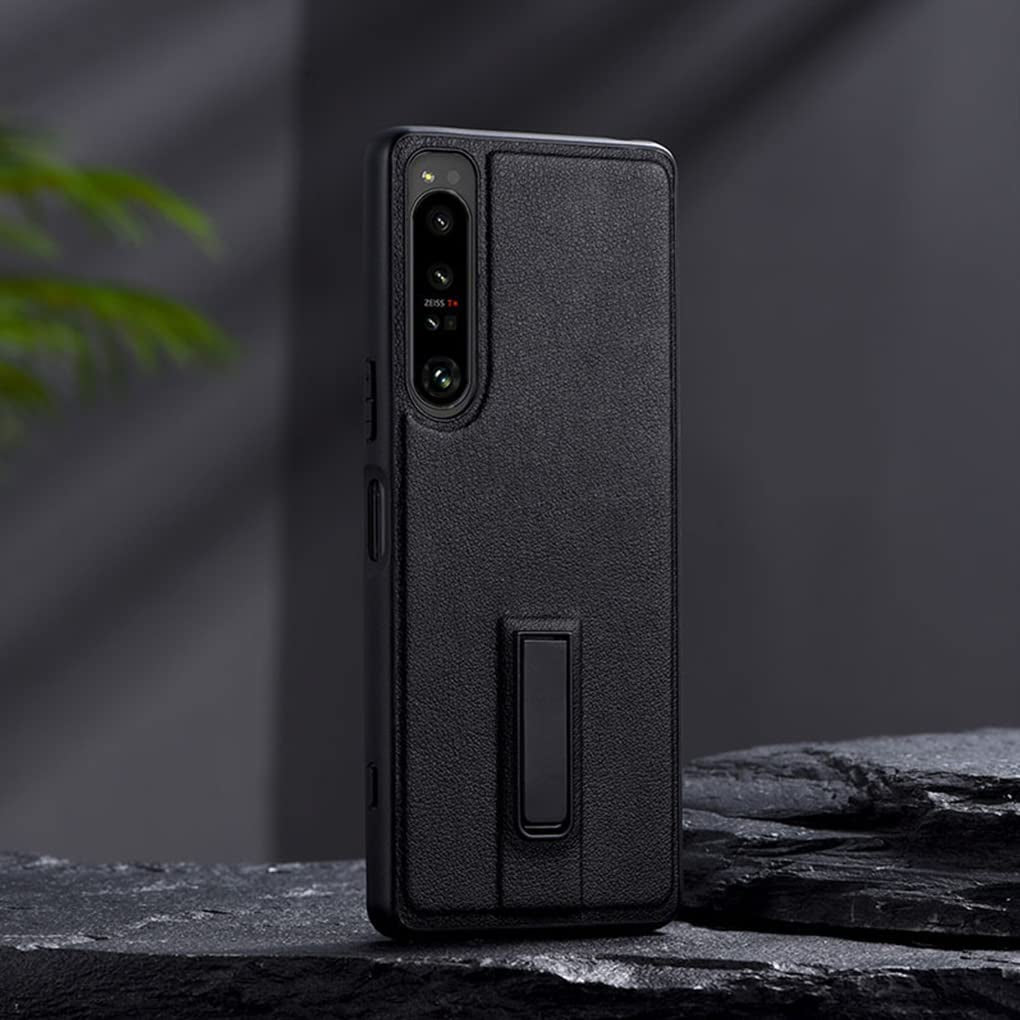 QUIETIP Stand Case for Sony Xperia 1 V 5G with Screen Protector,Slim Leather Metal Kickstand Protective Cover Lens Protect,Black QUIETIP