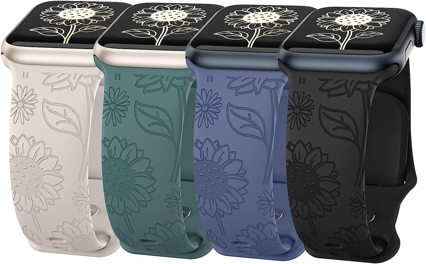 Astorgos 4 Pack Watch Band Compatible with Apple Watch Band 38Mm 40Mm 41Mm, Apple Watch SE, SE2 Series 8/7/6/5/4/3/2/1, Engraved Sport Silicone Strap Replacement Wristband Astorgos Multi Color B Sunflower