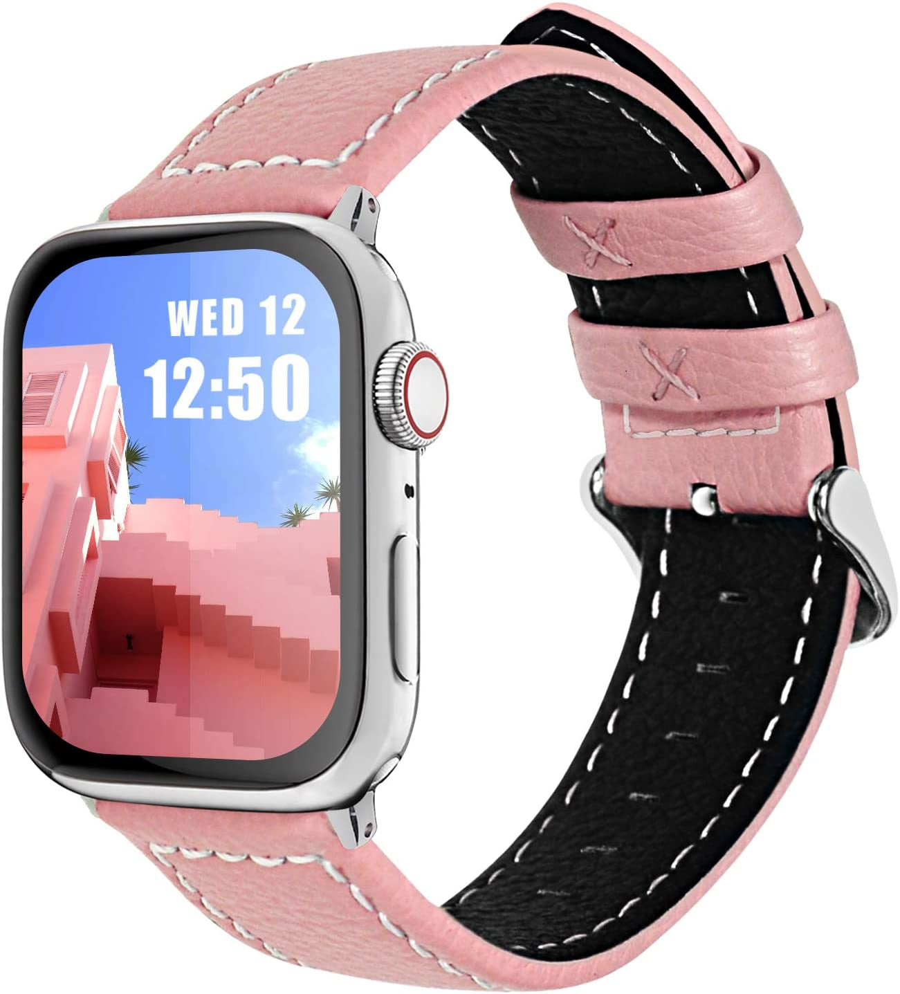 Fullmosa Compatible Apple Watch Band Leather 42Mm 44Mm 45Mm 38Mm 41Mm 40Mm for Iwatch Se/Se2/Series 8/7/6/5/4/3/2/1/Ultra 49Mm,42Mm/44Mm/45Mm White + Silver Buckle Fullmosa Pink + silver buckle 38mm/40mm/41mm