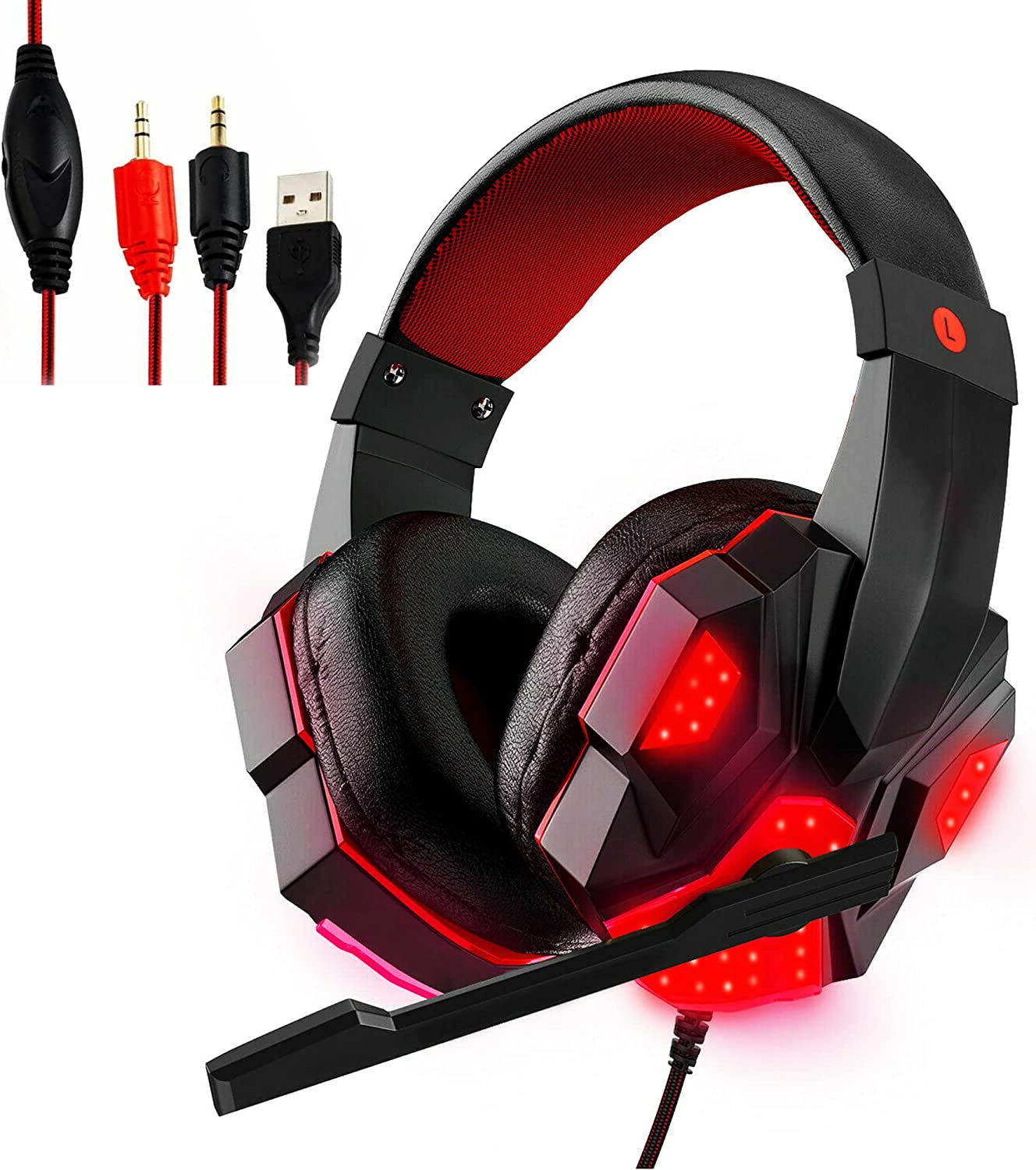 5 CORE 2Pcs Gaming Headset for PS4 PC One PS5 Console Controller, Noise Cancelling Microphone over Ear Stereo Earphones with Mic, LED Light, Bass, Earmuffs for Laptop NES Games Red & Blue HDP GM1 R+B 5 Core Inc. RED