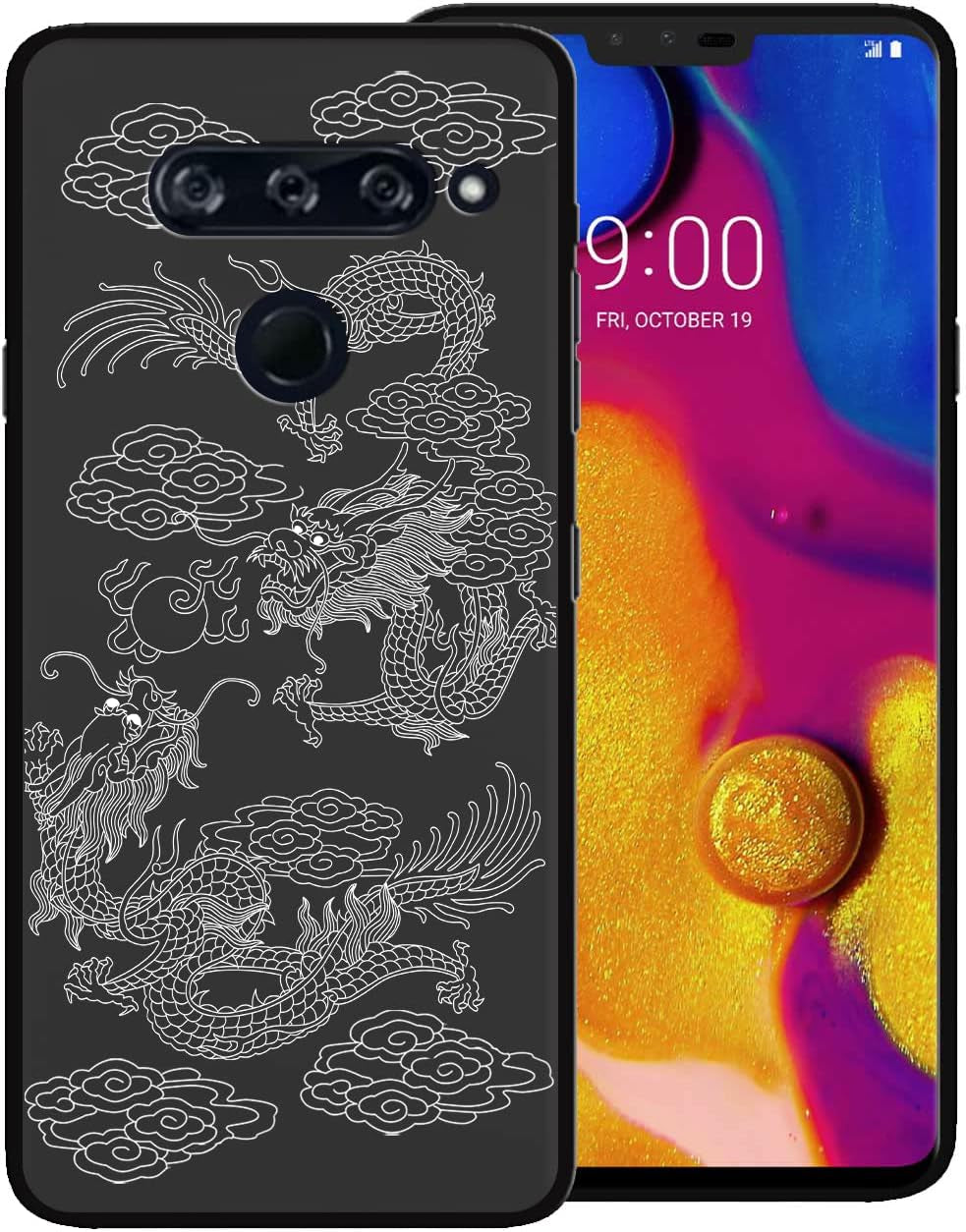 Zaztify Compatible with LG V40 Thinq, Dragon and Phoenix Auspicious Cool Mystery Aesthetic Trendy Pattern Shockproof Protective Anti-Slip Thin Slim Soft Phone Case Cover Shell zaztify Two Dragons Playing Pearls
