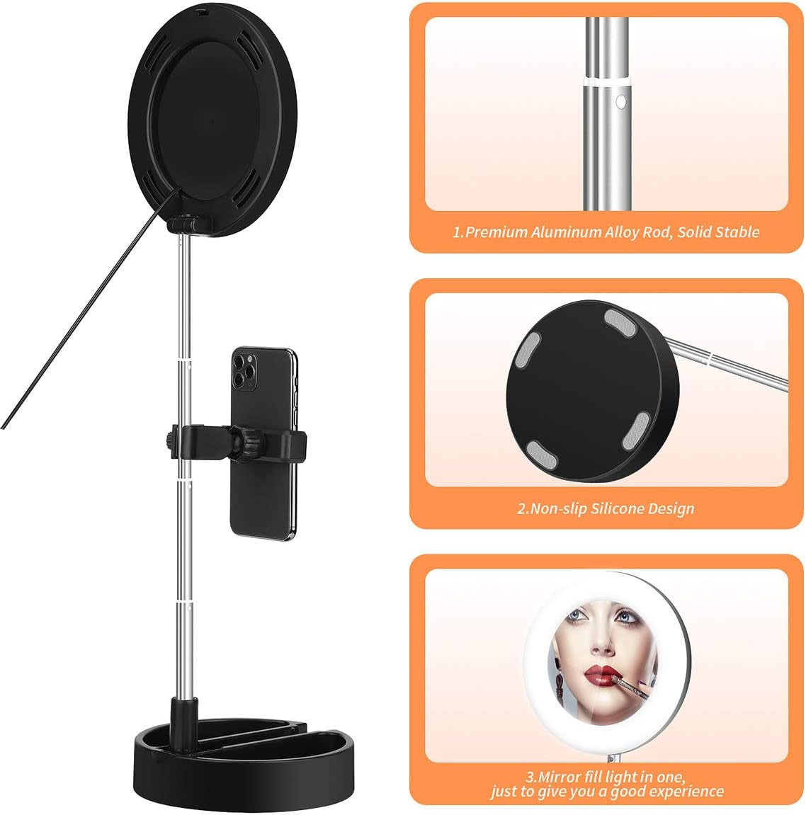 Portable Multi-Functional 6.3" Dimmable LED Selfie Continuous Video Halo Ring Light Zoom Live Stream Phone Holder Stand with Makeup Vanity Mirror Foldable Online Meeting Table Lamp (Pink) Regal Signature