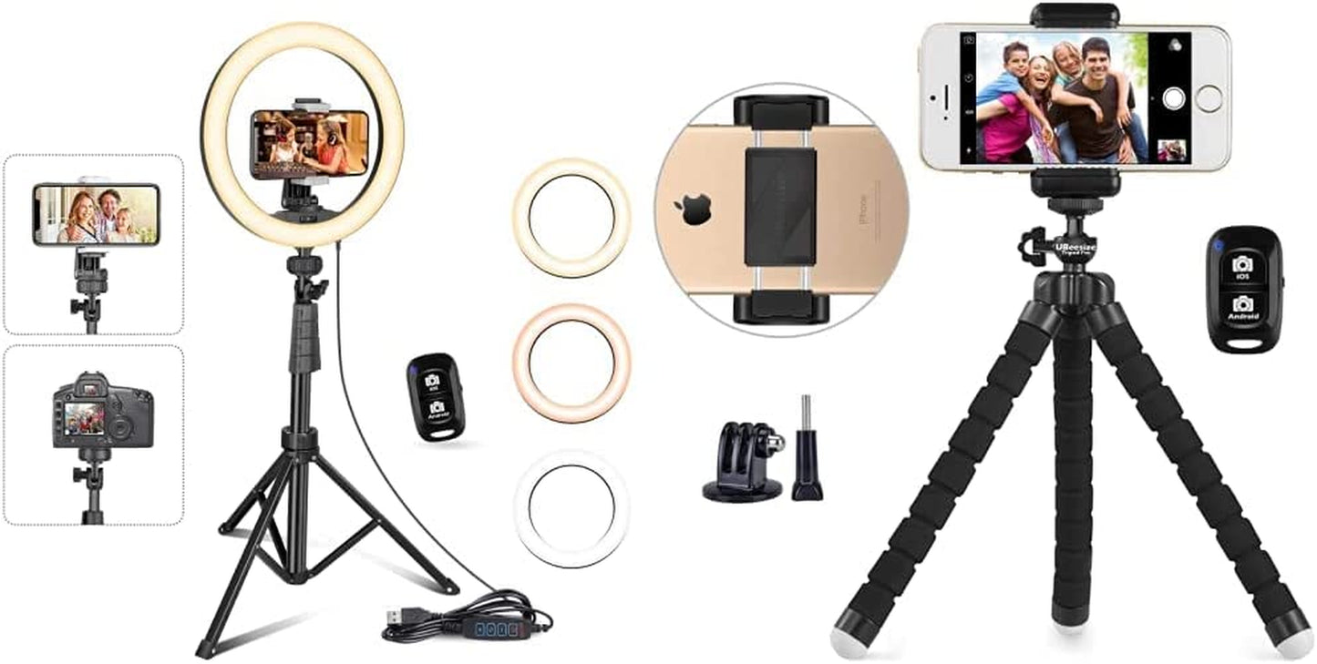 Ubeesize 10''Selfie Ring Light with 62''Tripod Stand, Led Ring Light with Phone Holder and Remote for Video Recording/Zoom Meeting (Youtube/ Tiktok/Twitch), Compatible with Phones, Cameras & Webcams UBeesize Stick Tripod + Tripod