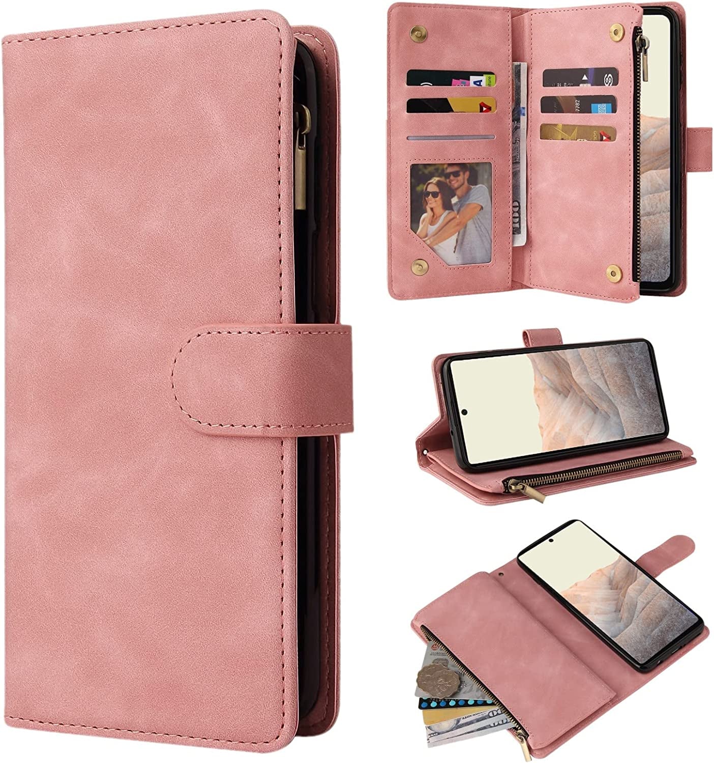 ZZXX Google Pixel 6 Pro Case Wallet with Card Slot Premium Soft PU Leather Zipper Flip Folio Wallet with Wrist Strap Kickstand Protective for Google Pixel 6 Pro Wallet Case(Blue 6.7 Inch) ZZXX Pink Google Pixel 6 Pro