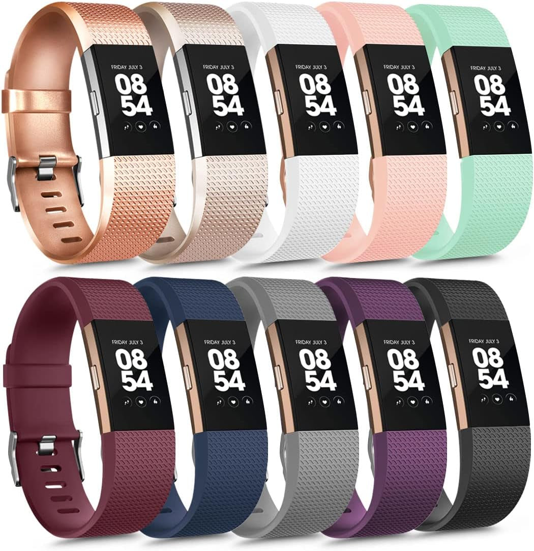 10 Pack Sport Bands Compatible with Fitbit Charge 2 Bands, Soft Silicone Replacement Wristbands for Women Men Small Large (Small, 10 Pack B) Amzpas 10 Pack A Large