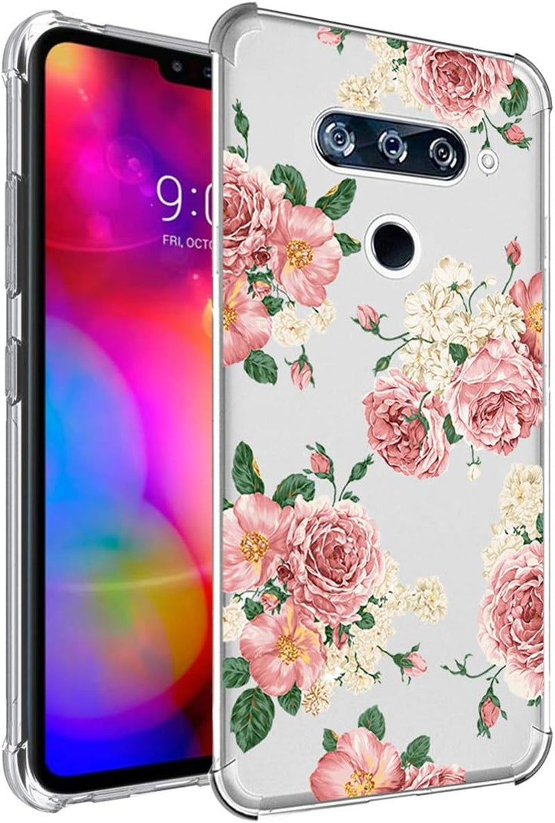 Ueokeird Case for LG V40 Thinq Case, for LG V40 Case with Flowers, Slim Shockproof Clear Floral Pattern Soft Flexible TPU Back Phone Protective Cover for LG V40 Thinq (2018 Release) (Rose Flower) Ueokeird Pink Flower