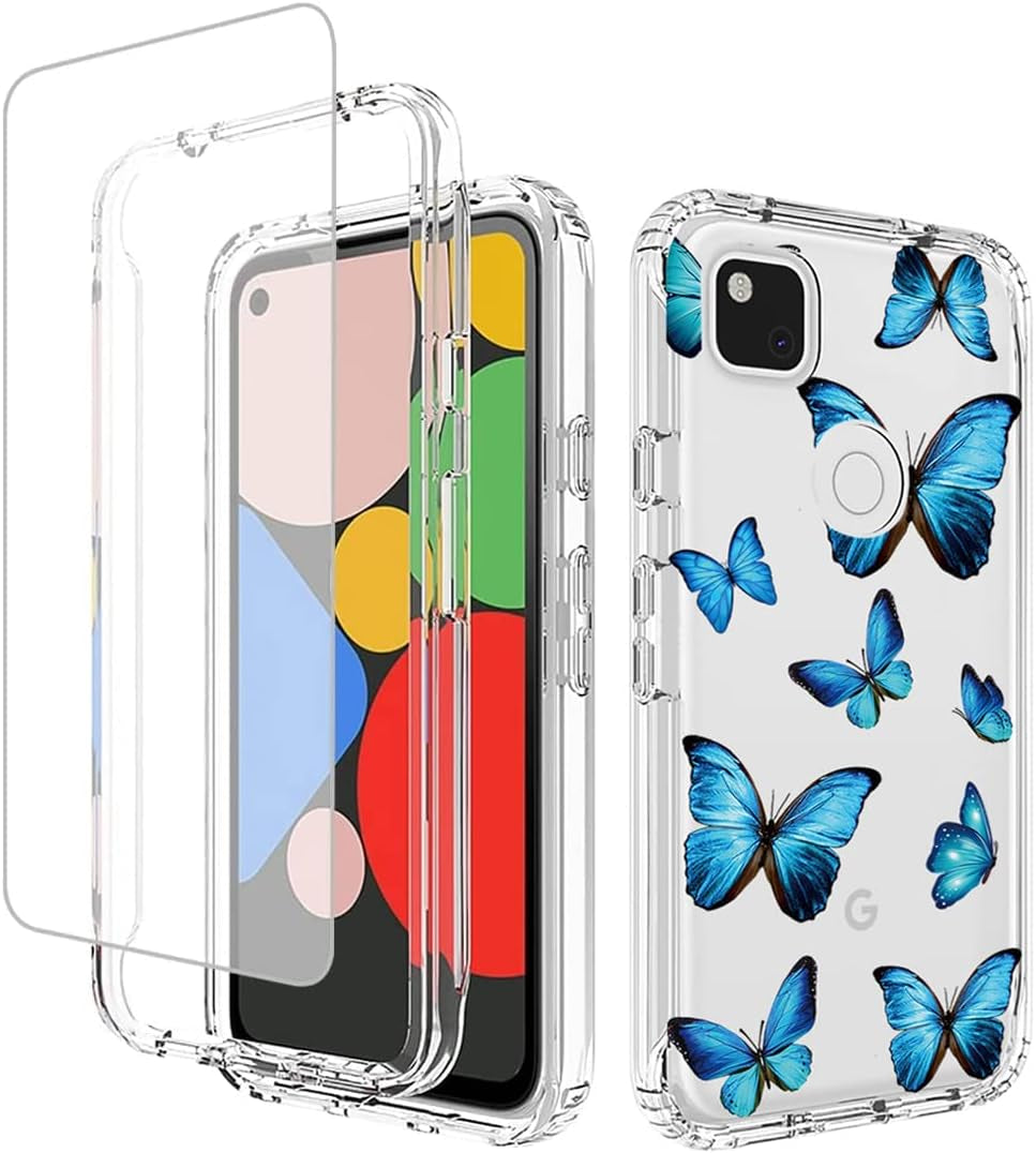Ueokeird Case for Google Pixel 4A (Not Fit 4A 5G) G025J Case with Tempered-Glass Screen Protector, Cute Clear Floral Pattern Full Body Protective Phone Cover Cases for Google Pixel 4A (Purple Flower) Ueokeird Blue Butterfly