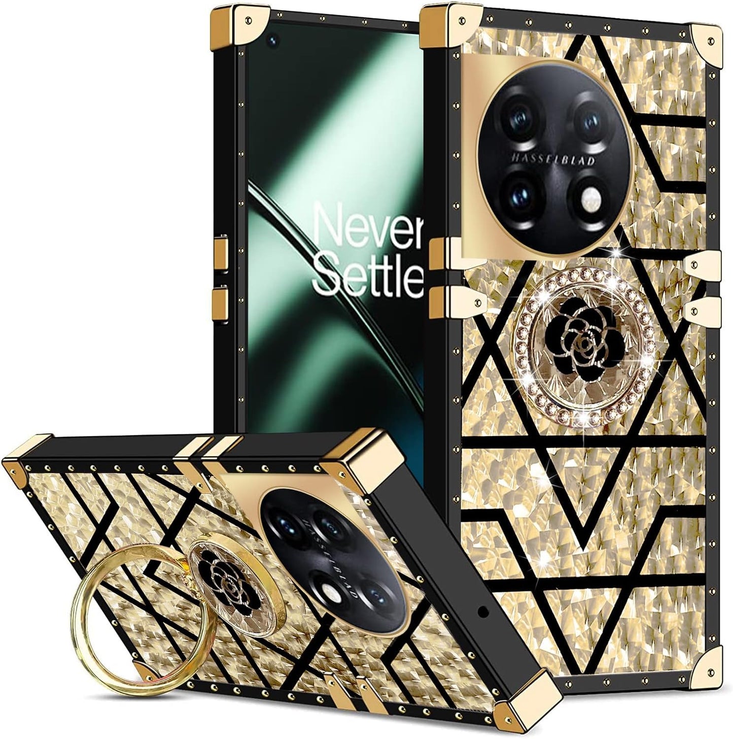 Kudini for Oneplus 11 Phone Case, Oneplus 11 5G Case for Women, Cute Square Glitter Girly Bling Stylish Retro Shock Soft TPU Protective Cover with Ring Kickstand for Oneplus 11 5G (Purple Butterfly) KuDiNi Gold Flower