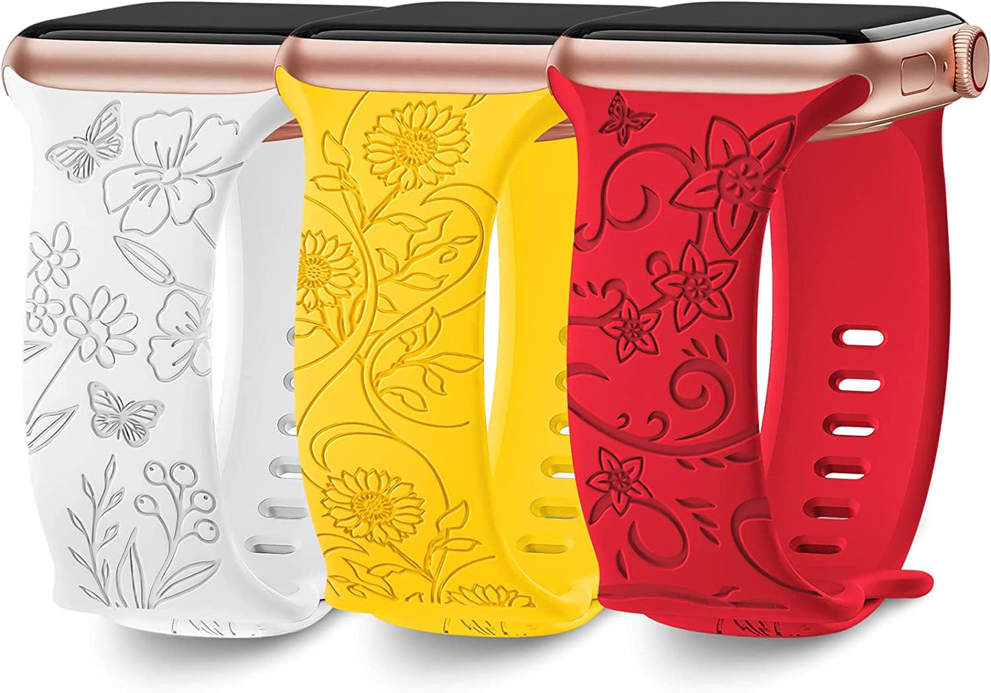 3 Pack Floral Engraved Bands Compatible with Apple Watch Band 40Mm 41Mm 38Mm 42Mm 44Mm 45Mm 49Mm Women,Soft Silicone Cute Wildflowers Sport Laser Strap for Iwatch Bands Series Ultra SE 8 6 5 4 3 2 1 AMSKY White/Red/Yellow 38/40/41 mm